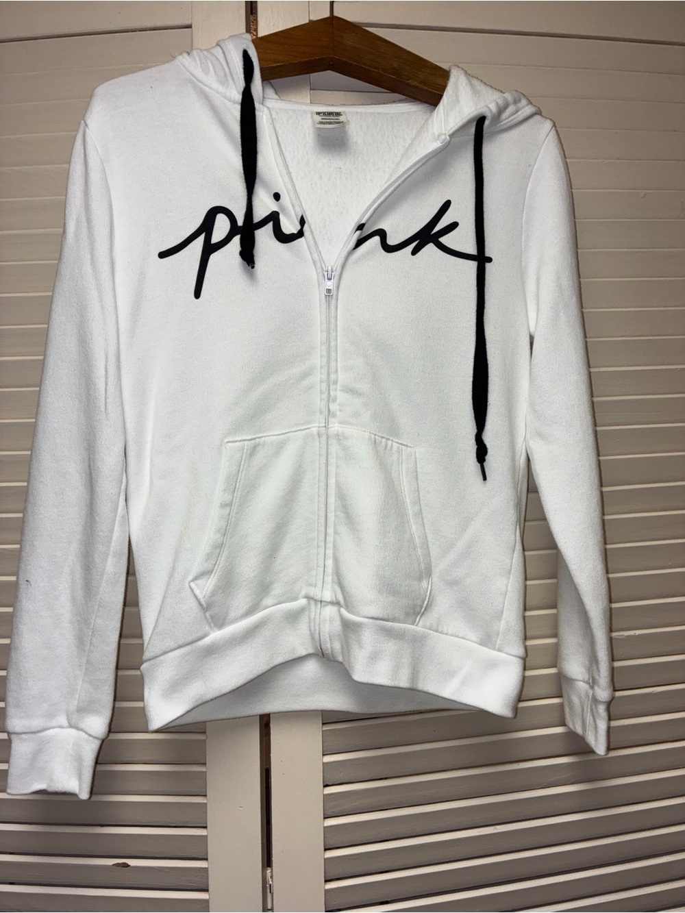 PINK Victoria's Secret Brand White Zip-Up Hoodie with Black Drawstrings